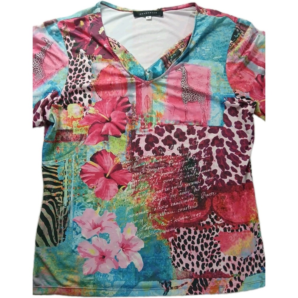 Mesmerize Boho Chic Womens Patchwork Floral Animal Print 3/4 Sleeve V-Neck Sz XL - Picture 3 of 8